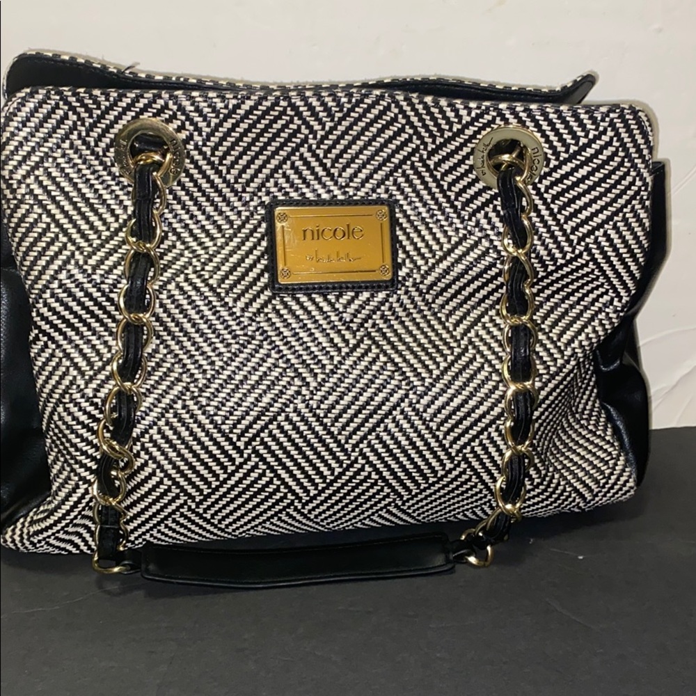 Nicole by Nicole Miller Black and White Shoulder Bag with Gold Hardware
